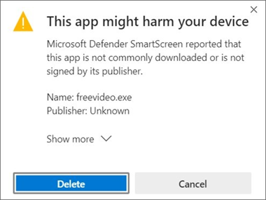 Microsoft Edge example: This app might harm your device. The explanation says the app is not commonly downloaded or is not signed by its publisher, with a Show more option.